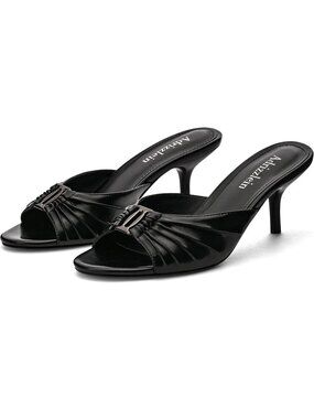 Women's Black Ruched Kitten Heels Metal Round Toe Mules Peep Open Toe Low Heel